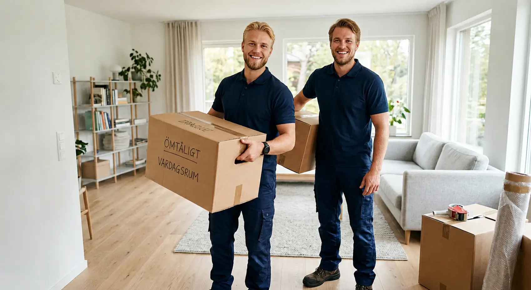 Två flyttare som lyfter en kartong